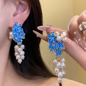 Vintage Chinese Style Grape Drop Earrings with Blue Enamel Leaves and White Artificial Pearls Elegant Rhinestone Jewelry for Women