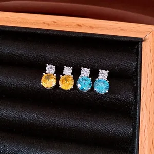 Vintage Copper Zirconia Round Stud Earrings For Women With Silver Earring Post Minimalist Blue Yellow Zirconia Earrings Jewelry