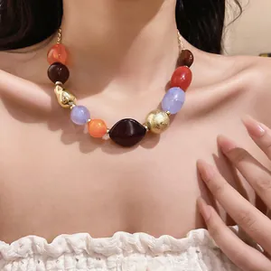 Detailed view of a Bohemian-style necklace with colorful irregular resin beads.