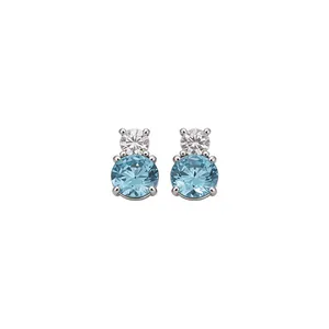 Elegant silver-tone stud earrings featuring light blue and clear round zircon stones.