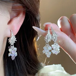 S925 silver conch shell tassel earrings with purple crystals and pearls for vacation style