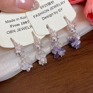 S925 silver shell earrings with purple stone tassels and elegant pearls for beach style
