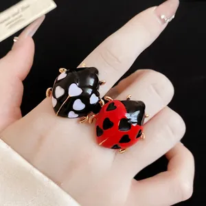 Creative Ladybug Open Ring Enamel Heart Pattern Alloy Gold Plated Adjustable Finger Ring For Women Personalized Jewelry