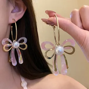 Acetate Cellulose Bowknot Drop Earrings With Artificial Pearl Embellishment 925 Sterling Silver Post Sweet Vacation Style Jewelry For Women