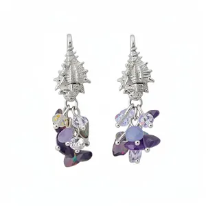 Silver conch shell earrings with purple and clear crystal bead tassels for summer beach style.