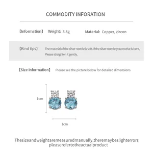 Detail view showing 1cm dimensions and material specs for zircon stud earrings.
