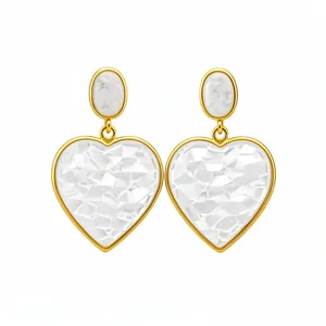 Elegant retro gold heart pendant earrings with white textured resin stones for women.
