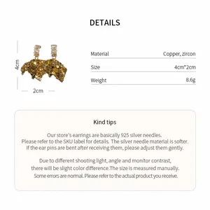Detail view of gold zircon earrings with copper material and size specifications