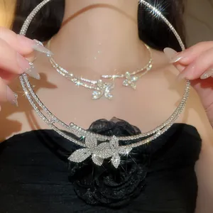 Luxury Double Layer Flower Pave Rhinestone Choker Necklace For Women Copper Gold Silver Plated Elegant Fashion Jewelry Gift