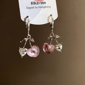 Exquisite resin cherry heart drop earrings with rhinestones in a sleek silver-tone finish