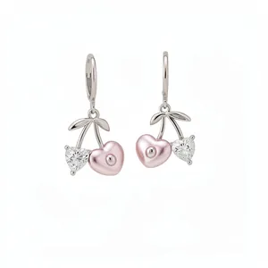 Elegant silver-tone heart cherry drop earrings featuring sparkling crystal and pink resin