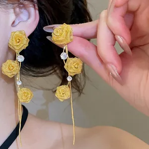 Elegant French style golden mesh rose flower tassel earrings decorated with shiny crystals