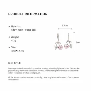 Detailed specifications for cherry heart hoop earrings with resin and crystal accents.