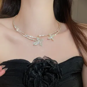 Elegant double layer butterfly choker necklace with sparkling rhinestones for women
