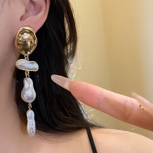 Vintage Baroque pearl drop earrings with hammered gold-tone metal studs for women