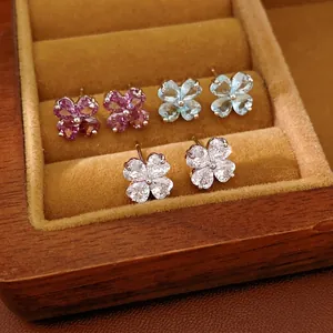 Elegant Four Leaf Clover Flower Stud Earrings Women Copper Zirconia Inlaid Jewelry With Silver Earring Post Commute Jewelry