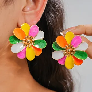 Western Style Drip Oil Flower Stud Earrings With Steel Needle Dopamine High End Enamel Large Floral Earrings For Women Vacation Party Accessory