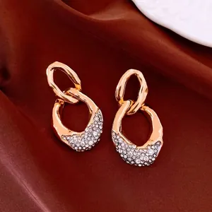 Pendientes de Botón con Colgante de Doble Anillo Redondo Geométrico para Mujer Aleación de Oro Diamante de Imitación Perla Artificial Poste de Plata de Ley 925