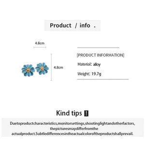Detailed specifications for blue enamel flower stud earrings made of durable alloy metal.