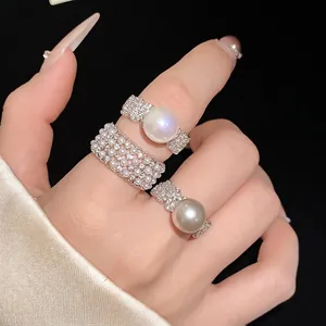 Elegant Women Copper Open Adjustable Ring With Rhinestone And Artificial Pearl Bear Shape Personalized Fashion Jewelry Gift