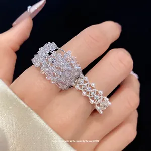 Western Vintage Zirconia Artificial Pearl Hollow Open Ring Copper Silver Plated Minimalist Luxury Index Finger Ring For Women
