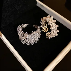 Vintage hollow open ring set with sparkling zircons and elegant pearls for women