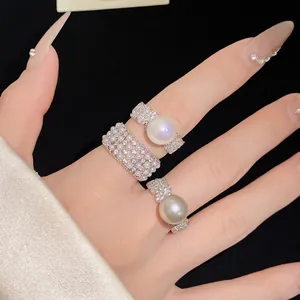 Elegant minimalist zircon and pearl open ring set with high-end polished silver finish