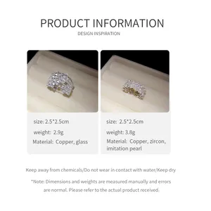 Product specifications for zircon and pearl open rings with copper material and care tips.