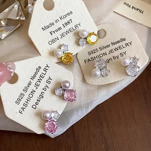 Korean Style Flower Shaped Stud Earrings With 925 Sterling Silver Earring Post Elegant Artificial Pearl Rhinestone Jewelry For Women