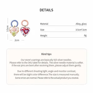 Detailed view of dopamine-style glass heart earrings with dimensions and material specs.
