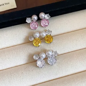 Elegant S925 silver needle pearl and zircon flower stud earrings in multiple colors