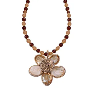 Vintage crystal beaded flower necklace with handmade bronze wire-wrapped pendant.