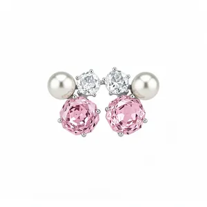 Elegant silver needle stud earrings with pink crystal and pearls, Korean style jewelry.