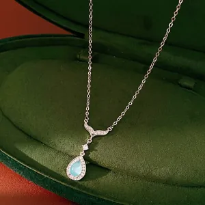 Elegant Silver Color Fish Tail Blue Waterdrop Pendant Necklace Copper Zirconia Inlaid Clavicle Chain For Women Daily Jewelry