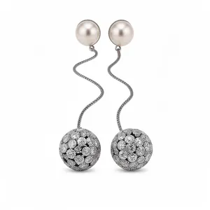 Elegant pearl and crystal sphere drop earrings with wavy silver connectors