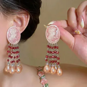 Vintage Alloy Cameo Portrait Rhinestone Tassel Earrings 925 Sterling Silver Earring Post Artificial Pearl Waterdrop Earrings For Women Ethnic Style Luxury Jewelry