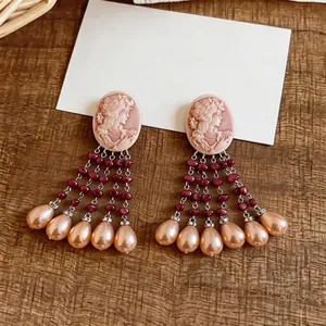 Vintage cameo portrait tassel earrings with teardrop pearls and burgundy beads