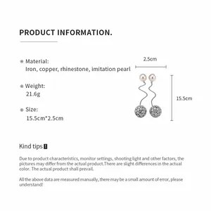Detailed specification of pearl rhinestone pendant earrings with size measurements