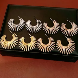 C-Shaped Sunburst Stud Earrings Copper Jewelry With Silver Earring Post European Style Personality Fashion For Women Gift