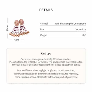 Detailed material and size specifications for rhinestone fringe pearl earrings.