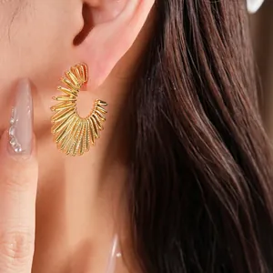 Elegant gold-tone C-shaped hoop earrings with unique ribbed spiral texture for women