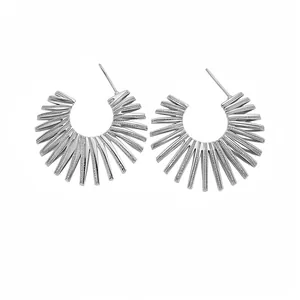Elegant sunburst C-shaped silver needle stud earrings for women with spiked detail