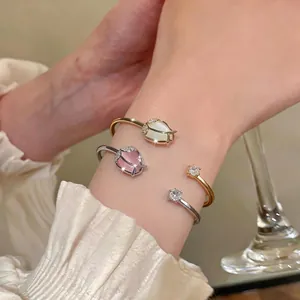 Luxury Copper Tulip Open Cuff Bracelet For Women Elegant Zirconia Cat Eye Stone Inlaid Inscribed Charm Adjustable Jewelry Bangle