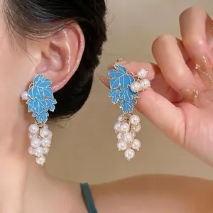 Vintage Grape Artificial Pearl Cluster Drop Earrings For Women Blue Enamel Leaf Gold Plated Silver Earring Post Jewelry