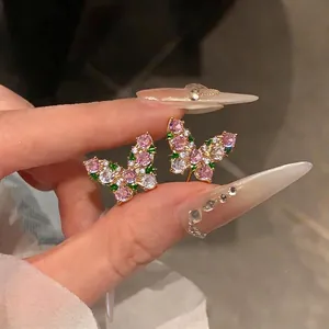 Zircon Butterfly Stud Earrings Gold Plated Copper With 925 Sterling Silver Earring Post For Women Pink Green Cubic Zirconia Jewelry