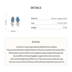 Detailed specifications of blue leaf grape earrings with pearl accents and measurements