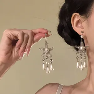 Fashion Starfish Drop Tassel Earrings For Women Silver Tone Alloy Artificial Pearl Long Dangle Earrings Holiday Party Jewelry