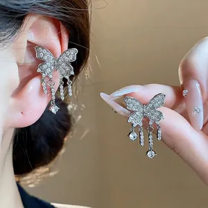 Exquisite Butterfly Tassel Ear Cuffs For Women Zirconia Inlaid Copper Non-Pierced Earrings With 925 Sterling Silver Earring Post Jewelry