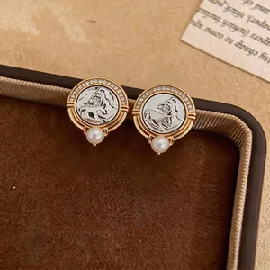 Vintage style horse head earrings with zircon halo and dangling white pearls