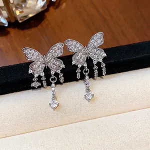 Elegant silver zircon butterfly tassel clip-on earrings for women with non-pierced ears